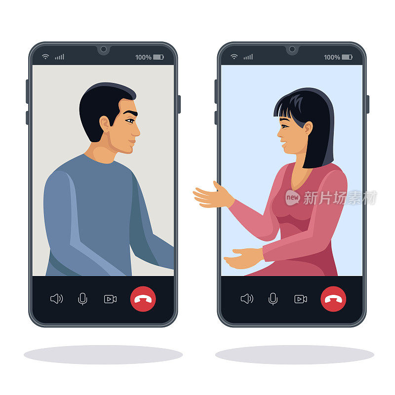 视频电话。年轻夫妇通过智能手机联系在一起。