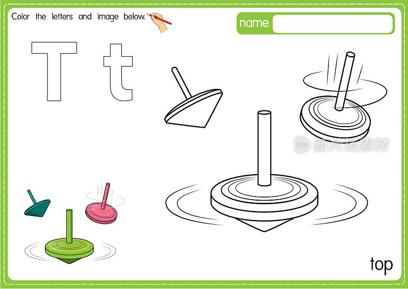 矢量插图的儿童字母着色书页与概述剪贴画，以颜色。字母T代表Top。