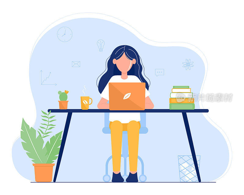 女孩坐在桌子前用笔记本电脑工作。家庭办公室。自由职业者或培训。可爱的插图在平坦的风格