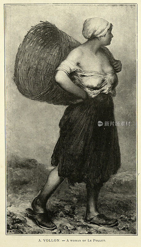 法国迪耶普的波莱女子，背着柳条篮子，维多利亚时代