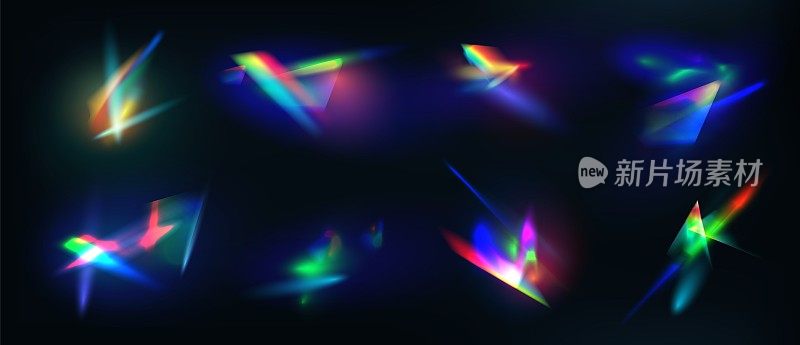 逼真的钻石反射，彩虹光的光学效果。水晶、珠宝、棱镜或镜头光晕。彩虹发光的火花向量集