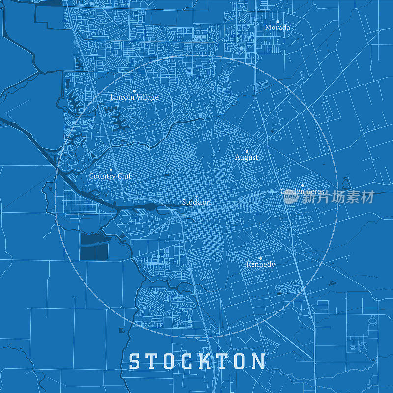 斯托克顿CA城市矢量道路地图蓝色文本