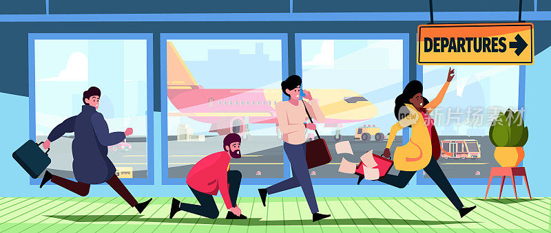 飞机迟到了。旅客跑到航空航站楼快速的生活方式冲人与行李紧张的人艳丽向量平背景