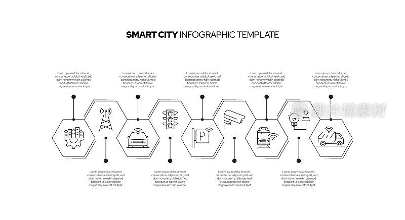 智慧城市概念矢量线信息图形设计图标。9选项或步骤的介绍，横幅，工作流程布局，流程图等。