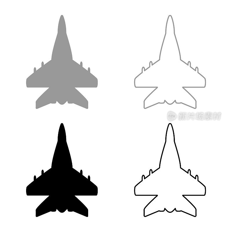 喷气式飞机战斗机反应追求军事集图标灰色黑色矢量插图图像固体填充轮廓轮廓线瘦平风格