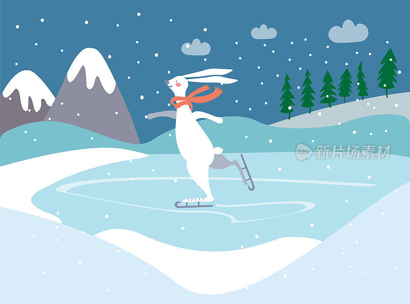 戴着红围巾的可爱兔子在溜冰场溜冰。冬季景观有冰冻的湖、山、树。