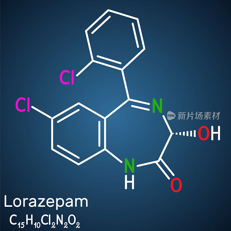 氯羟去甲安定分子。它是苯二氮卓类药物，具有镇静，抗焦虑的特性，用于治疗恐慌障碍，严重焦虑，癫痫发作。深蓝色背景上的结构化学式