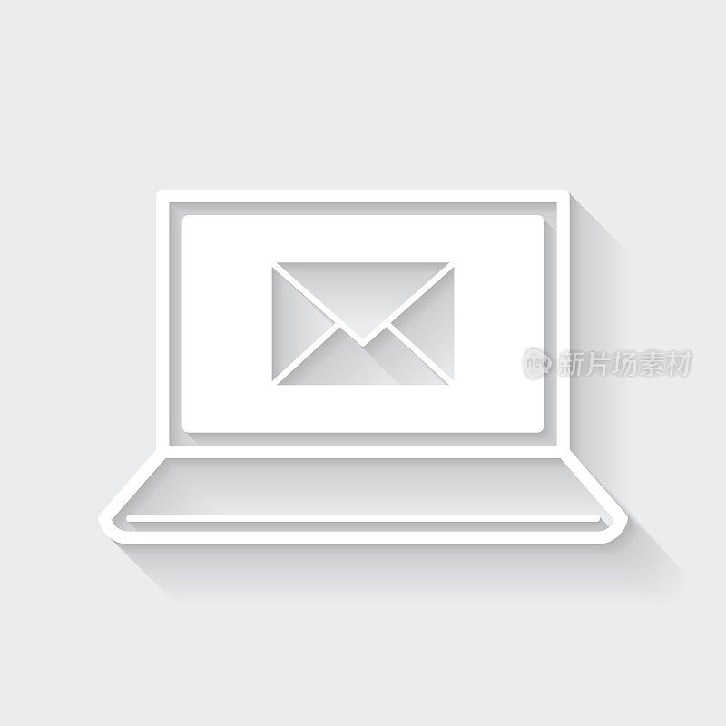 笔记本电脑与电子邮件信息。图标与空白背景上的长阴影-平面设计