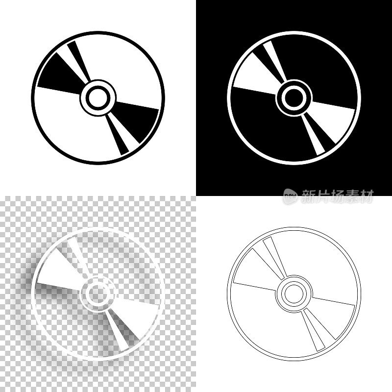 CD或DVD。图标设计。空白，白色和黑色背景-线图标