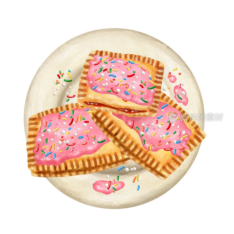 自制的馅饼，盘子上的水彩插图