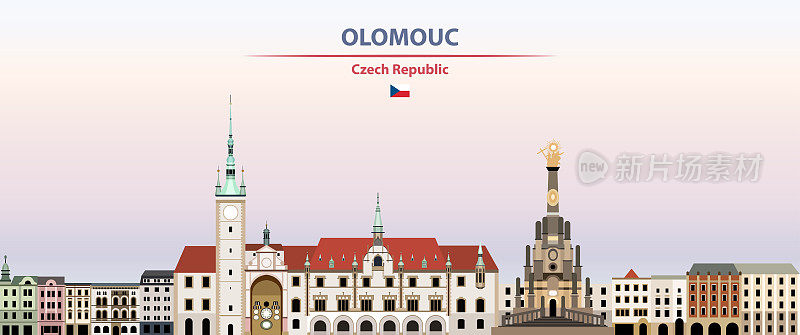 奥洛穆茨日落天空背景矢量插图与国家和城市的名字和捷克共和国的国旗
