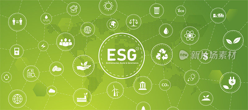 可持续商业或绿色商业矢量插图背景与连接图标概念相关的环境友好型图标集。网络和社会标题横幅为ESG。