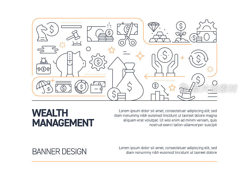 财富管理相关的矢量横幅设计概念，现代线条风格与图标
