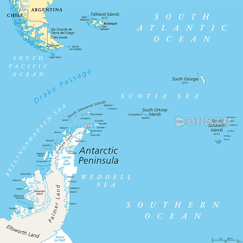 南极半岛地区，从巴塔哥尼亚到南极洲，政治地图
