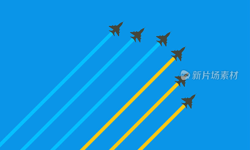 军事航空在蓝天。喷气式飞机和空中表演烟雾显示乌克兰国旗的颜色。