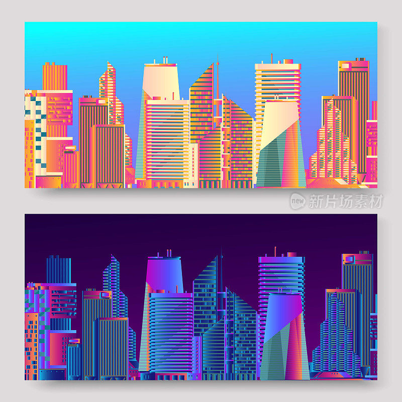 抽象未来城市摩天大楼矢量，数字城市景观