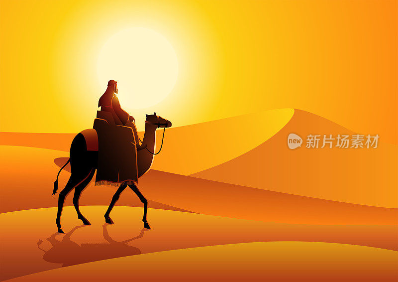一个阿拉伯人在炎热的沙漠里骑骆驼