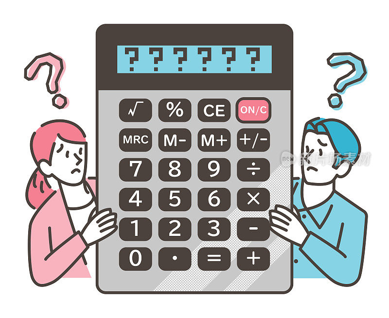 一对夫妇用计算器计算他们的财务状况的矢量插图。