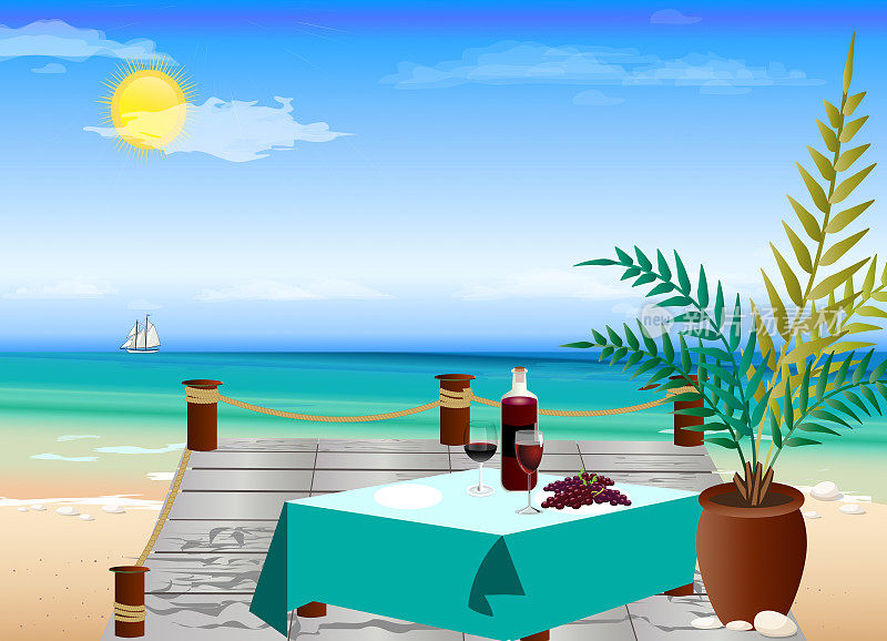 在码头上的桌子上有一瓶红酒和酒杯，背景是海景。夏日时光，放松，浪漫，旅游。矢量图