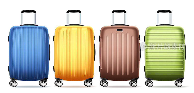 旅行袋行李箱矢量集设计。旅行者3d行李收集度假旅行元素