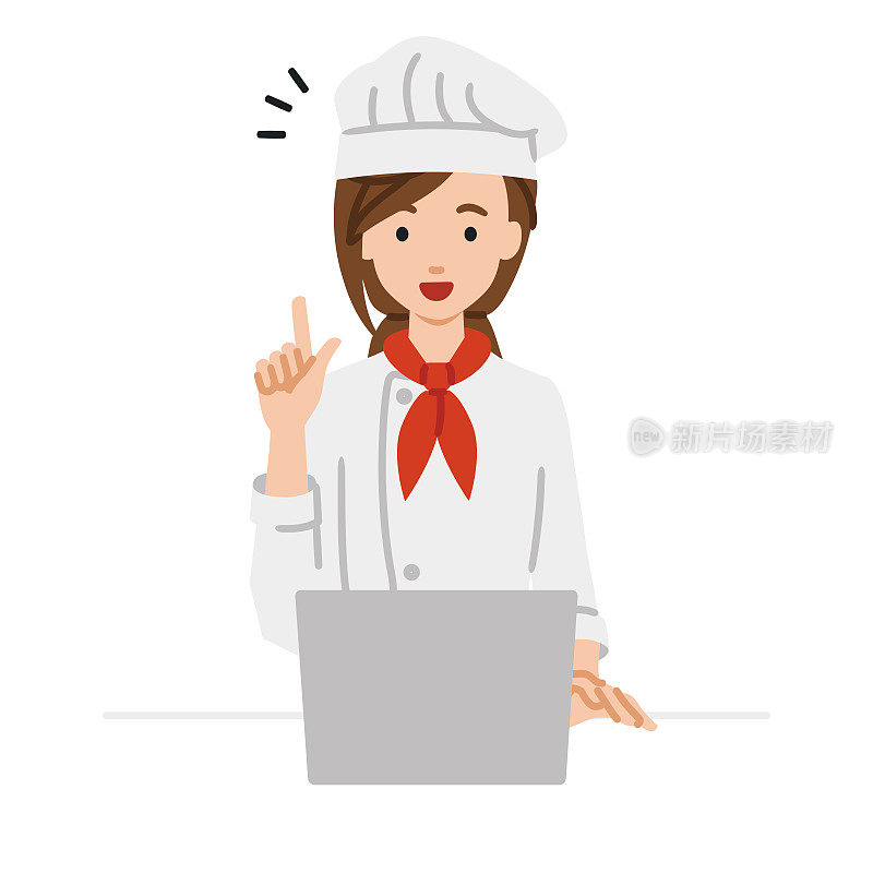 一名女厨师用笔记本电脑在她的桌子上做手势来获得灵感
