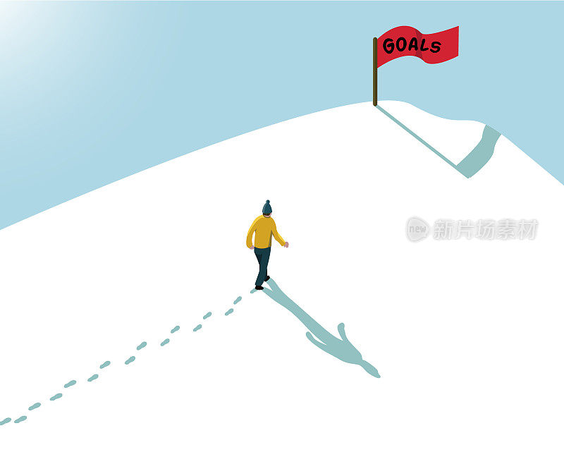 目标概念实现了一个人在雪地里走到山上用红旗标志文字的目标