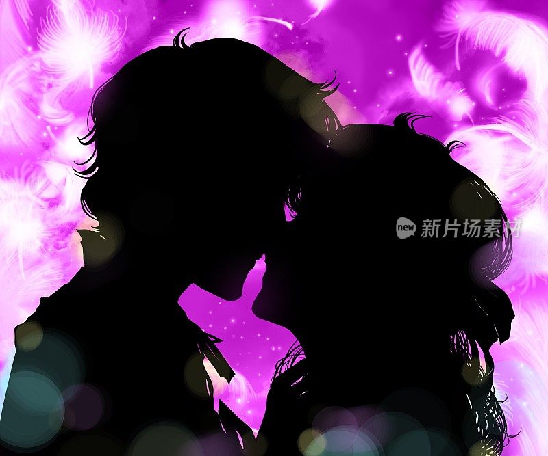 浪漫的背景，黑白剪影插图的年轻夫妇在爱亲吻和蓬松的天使白色羽毛跳舞。