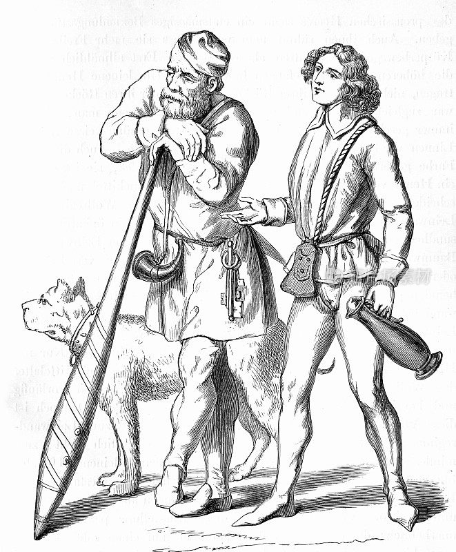 中世纪门卫，他的狗和一个斟酒人
