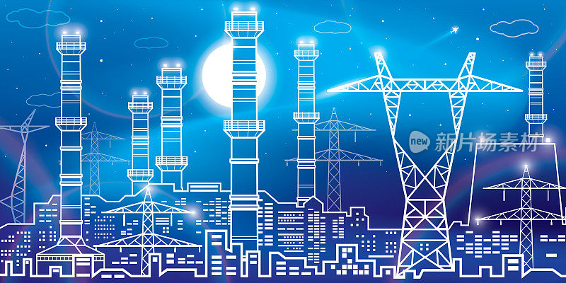 发电厂、能源工业概览插画全景、城市夜景。氖辉光。管道和电线。工厂基础设施。矢量设计艺术