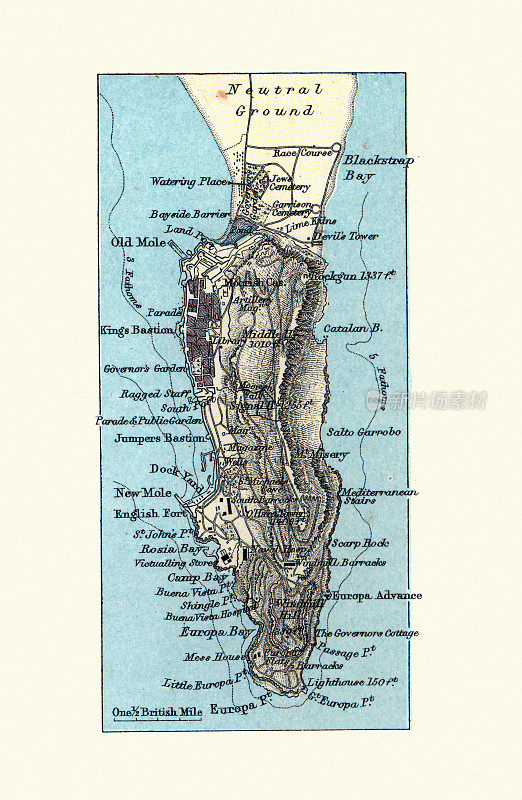 十九世纪九十年代维多利亚时期直布罗陀的古董地图