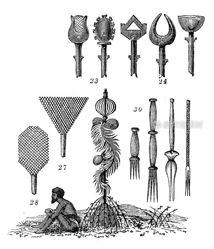 古董插图，民族志和土著文化:工具和武器，斐济