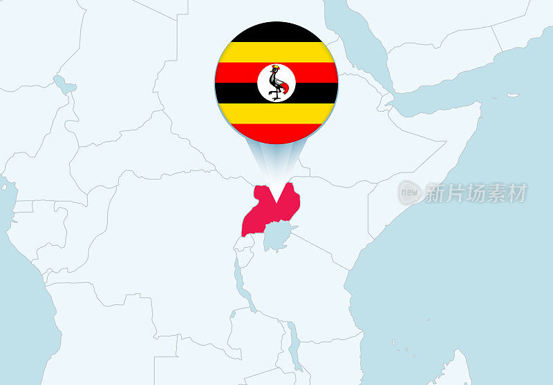 非洲与选定的乌干达地图和乌干达旗帜图标。