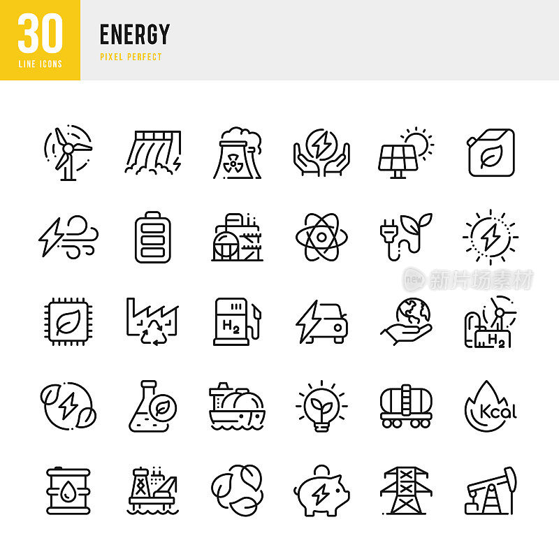 能量-细线矢量图标集。30图标。像素完美。包括风能，太阳能，水力发电，核能，氢气，生态，生物燃料，原油，天然气，液化天然气。