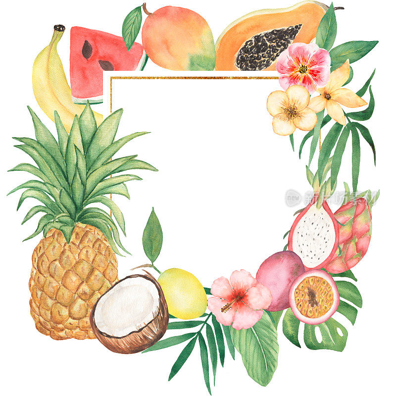 热带夏威夷框架，飞行与异国情调的水果，棕榈叶，水果和花朵框架。模板的设计。菠萝花环插图。