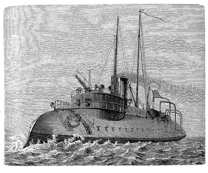 1871年的法国铁甲战列舰公羊号，船头有水下装甲喙，用来击沉敌舰