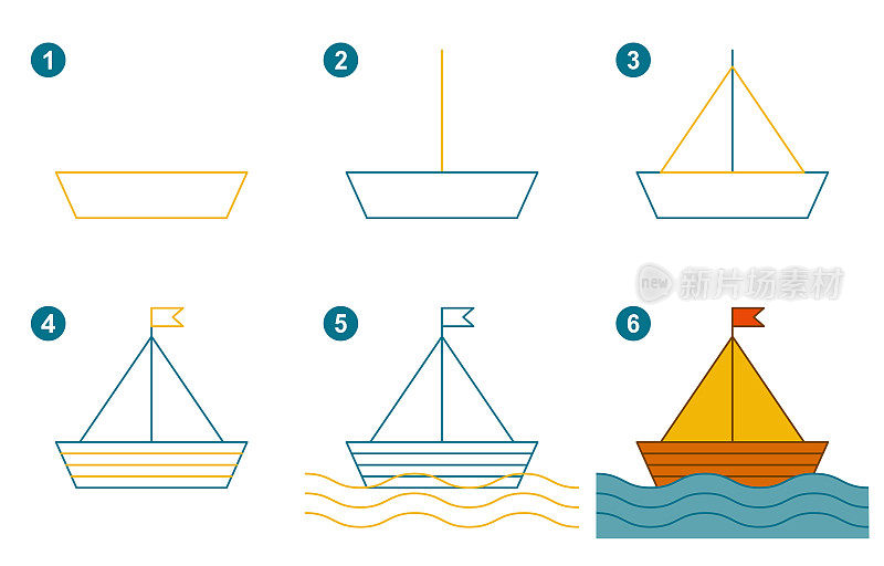 绘制可爱帆船的说明。跟着帆船走。孩子学习画水运的工作表。