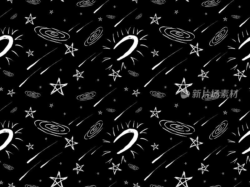 简单的黑白空间涂鸦插图-月亮，星系，彗星和恒星。