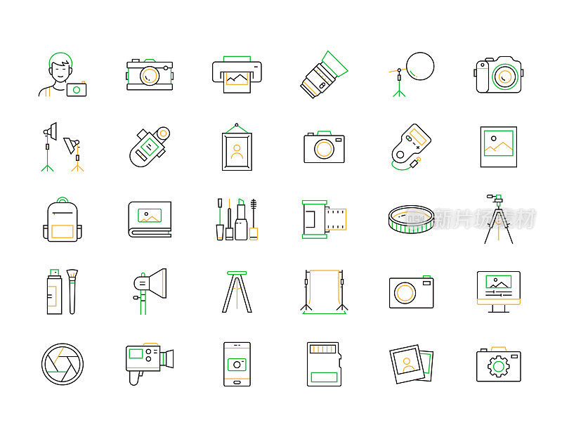 摄影相关的矢量线图标。大纲符号集合