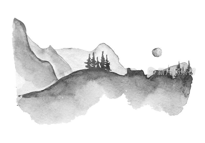 一幅有松树、远山、云和日出的山水画。中国画的风格是水墨和山水画。