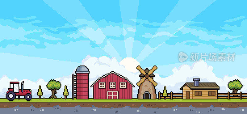 像素艺术农场场景，拖拉机，谷仓，筒仓，磨坊，房子背景的8位游戏