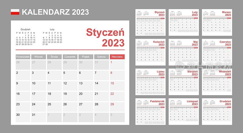 2023年波兰日历。一周从周一开始。简单的向量模板。业务设计计划。