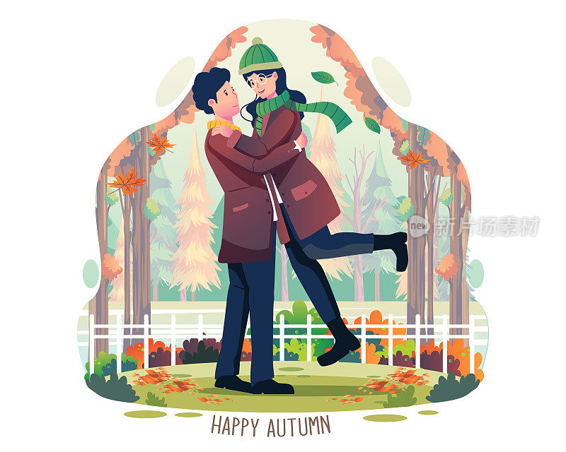 幸福的秋天和一对情侣在秋天公园里散步拥抱。男人和女人享受秋季矢量插画的平面风格