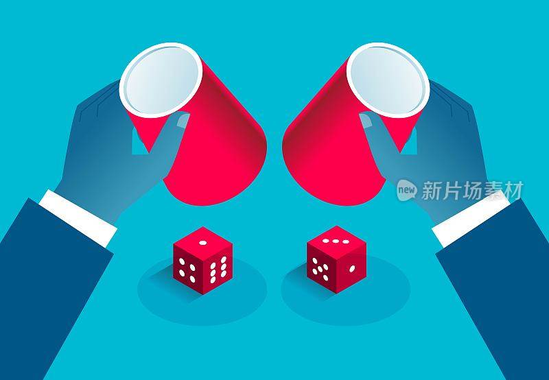 赌博骰子点大小，赢猜游戏或预测投资概念，商人投资者拿着杯子摇骰子猜数字