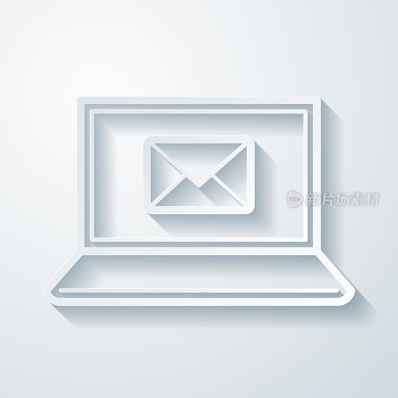 笔记本电脑与电子邮件信息。空白背景上剪纸效果的图标