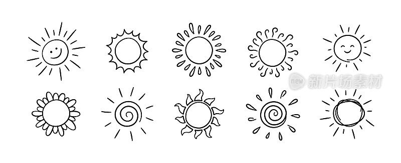 涂鸦不同的太阳图标设置。在太阳上画上光线符号。涂鸦儿童画册。手绘破裂。天气热的迹象。矢量插图孤立在白色背景上