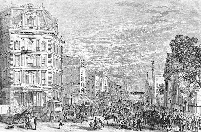 纽约市，百老汇富尔顿街的洛桥，1867年