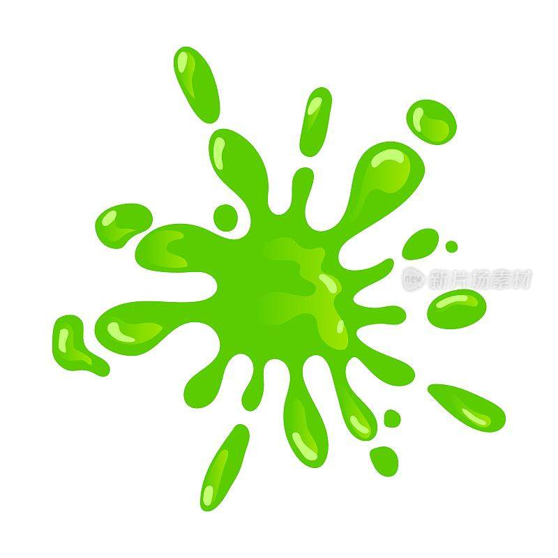 飞溅的绿色黏液，飞溅和斑点。粘性粘液飞溅或滴粘性液体的矢量图。卡通黏滴孤立在白色