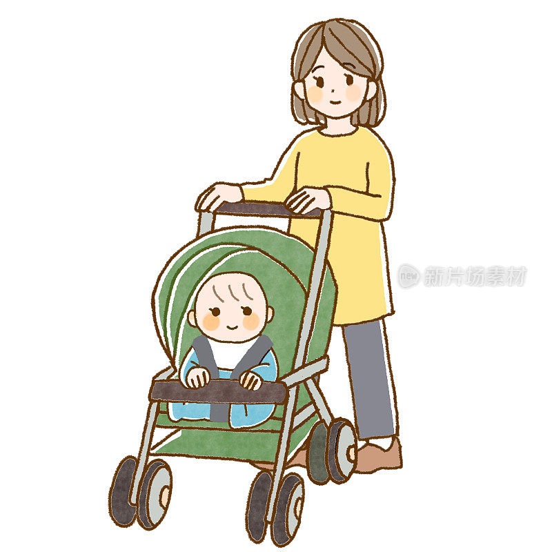 婴儿车和妈妈插画