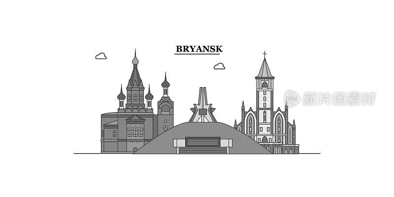 俄罗斯布良斯克市天际线孤立矢量插图，图标