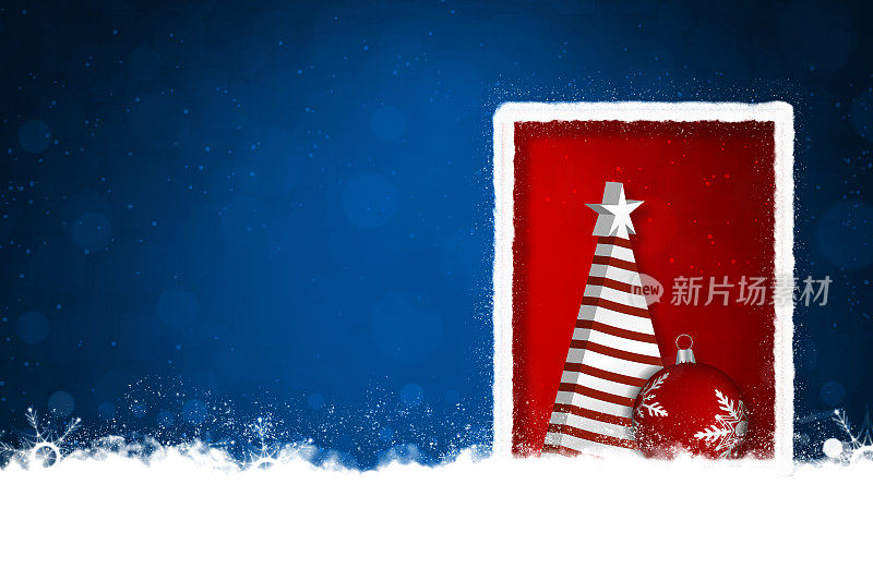 创意深午夜海军蓝彩色圣诞背景与大边框白色抽象条纹3D圣诞树和星星和红色背景上的小摆设雪花和雪遍布地面，边界或框架像门或门